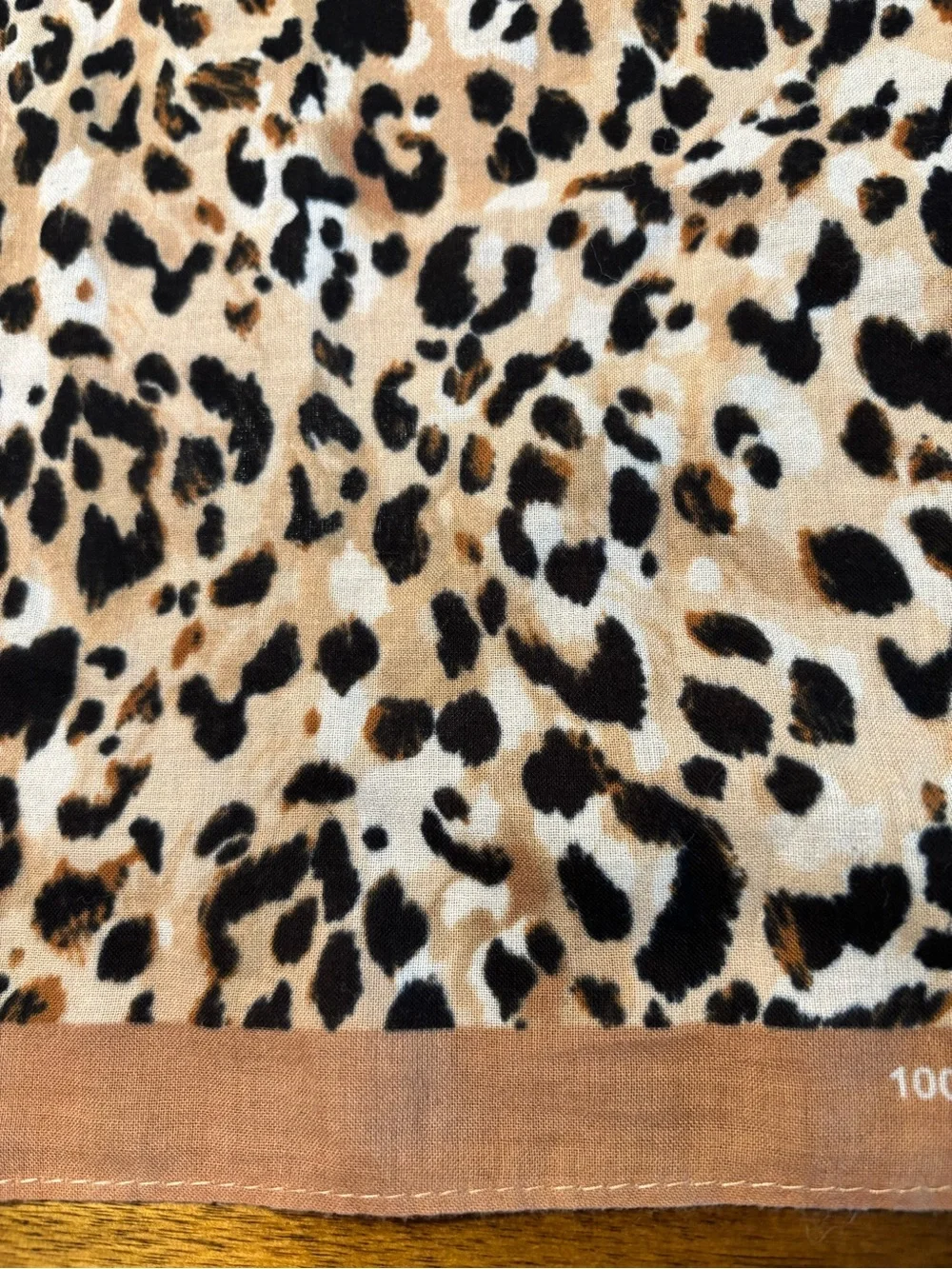 Cotton leopard print square scarf, brown edge. All season weight. Vintage.